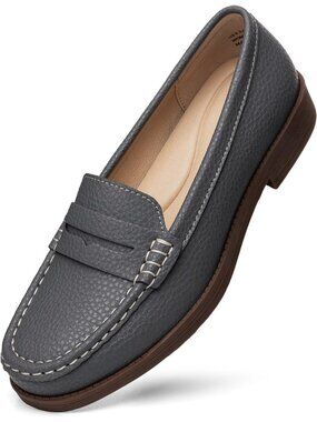 Women's Gray Textured Leather Penny Loafers Slip On Comfortable Walking Shoes
